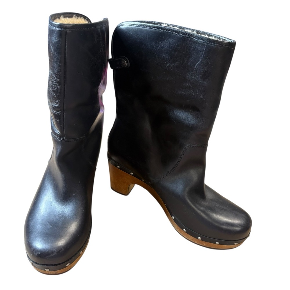 UGG Lynnea boots wooden clog heel Black Leather Sherpa gossip girl size 10 women - Picture 7 of 10